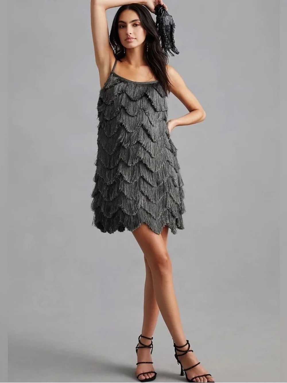 Pankaj & Nidhi layered fringed l Mini Dress in gunmetal gray.  EUC SIZE LARGE